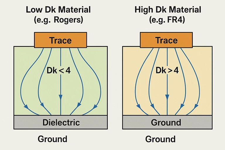 Electric Field Distribution in Microstrip Line Low vs. High Dielectric Constant