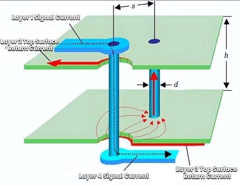 3D Visualization of PCB Signal Return Current When Transitioning Layers
